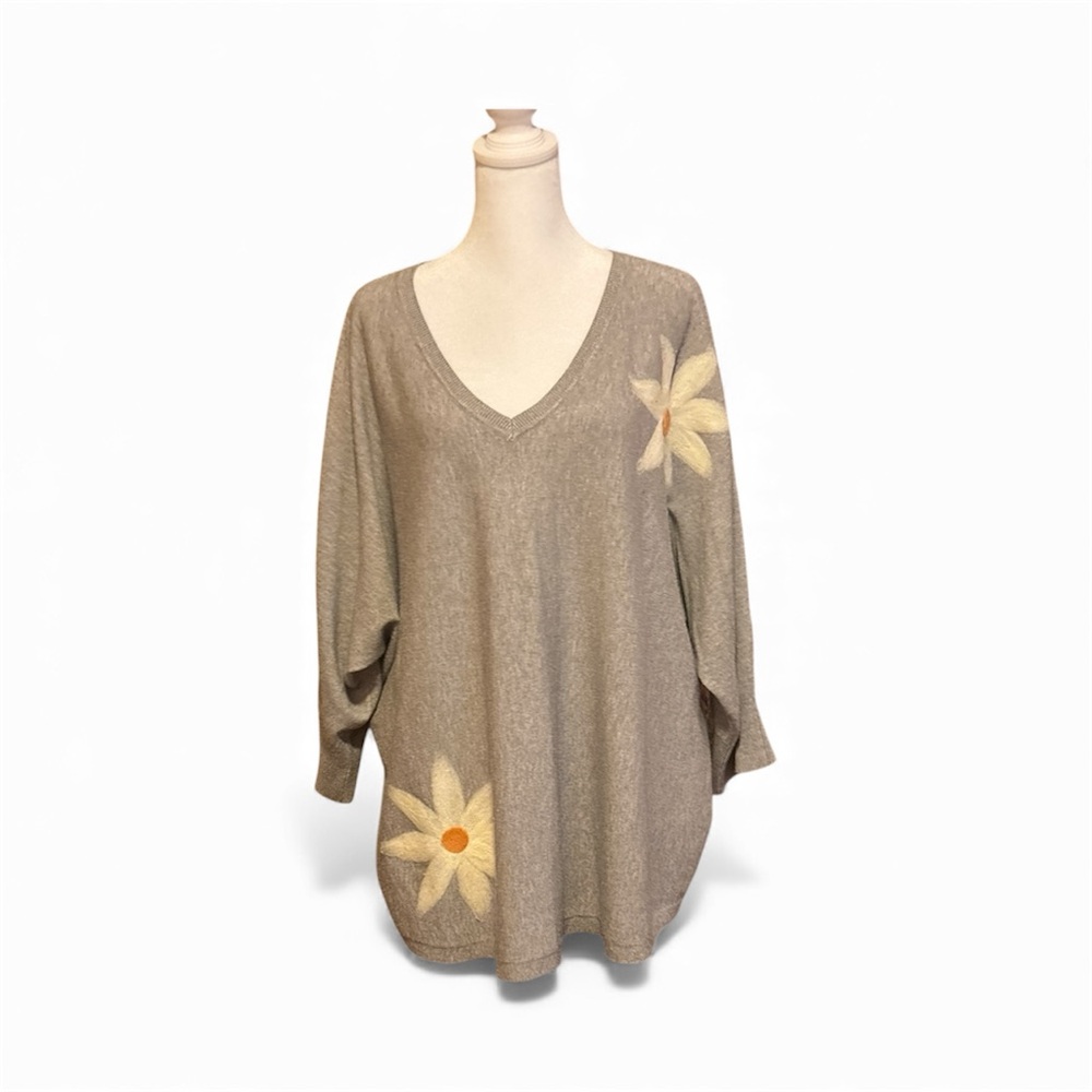 Aaeda gray V Neck Sweater with Floral Design